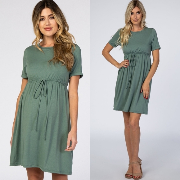 Pinkblush Dresses & Skirts - Pinkblush Sage Green Tie Waist Short Cuff Sleeve Mini Maternity Dress Large Sash